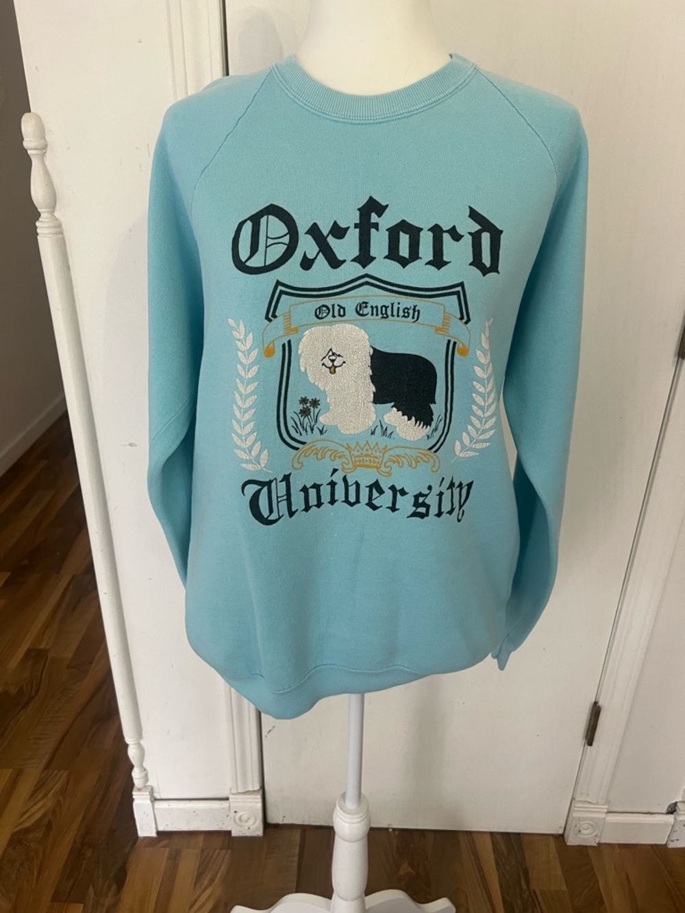 Oversized Vintage Oxford Pastel Blue Crewneck Sweatshirt, English Sheep Dog XL